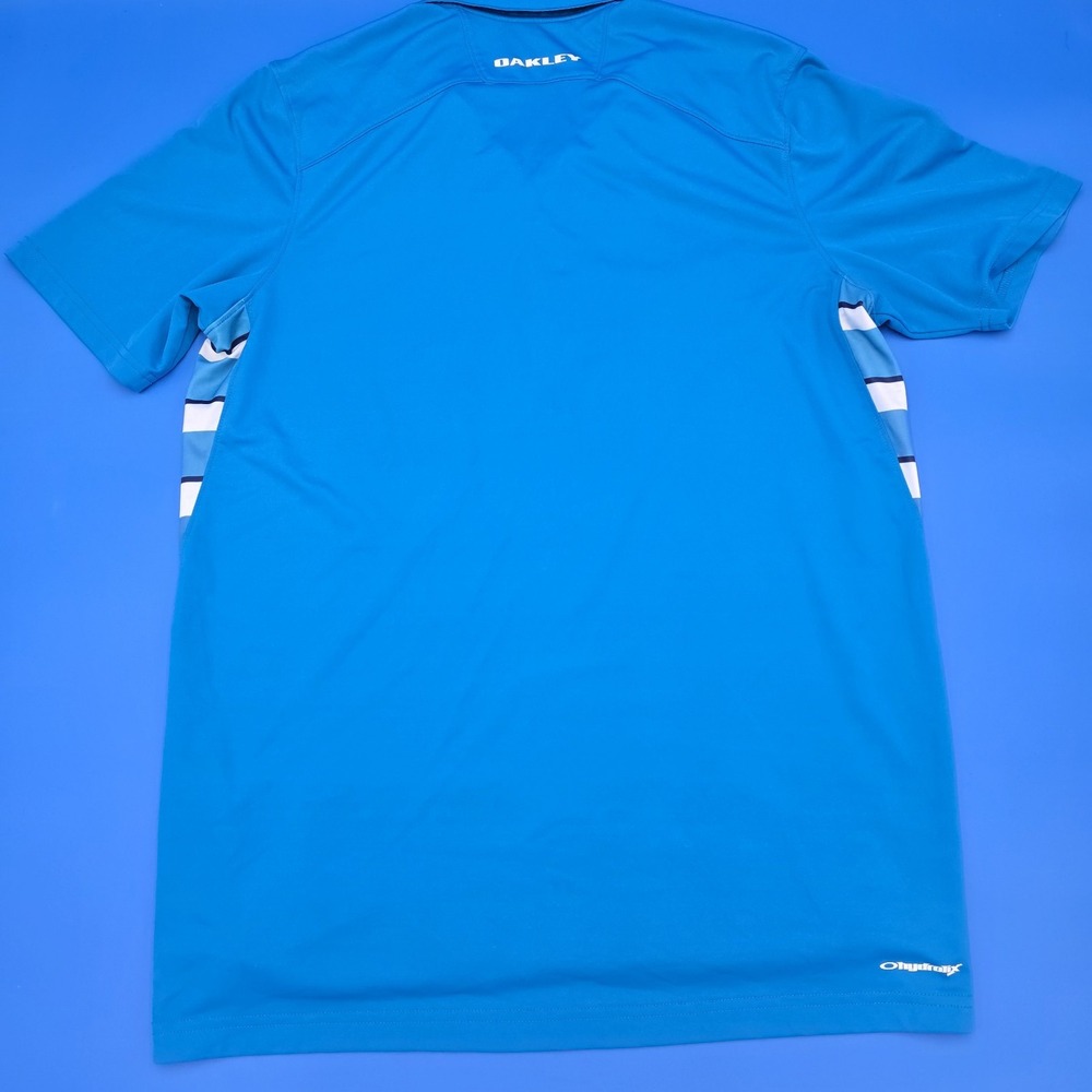 OAKLEY GOLF POLO SHIRT AQUA BLUE WHITE STRIPE -POLY HYDROLIX Size Large - Picture 3 of 8